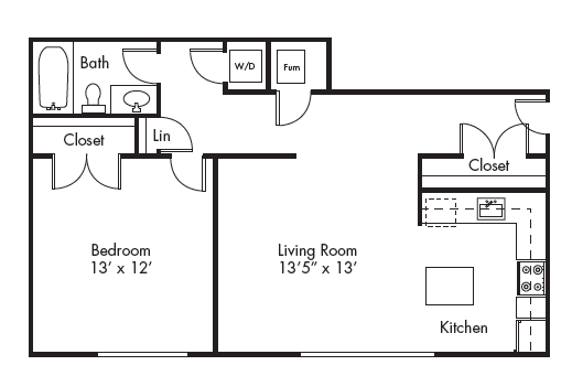 Floor plan for 1 bed, 1 bath, 664 sqft